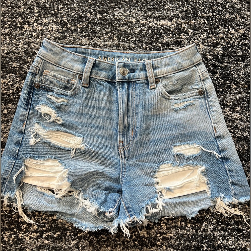 Ripped Denim Mom Short, High Waisted, Medium Bright Indigo, Size 000
